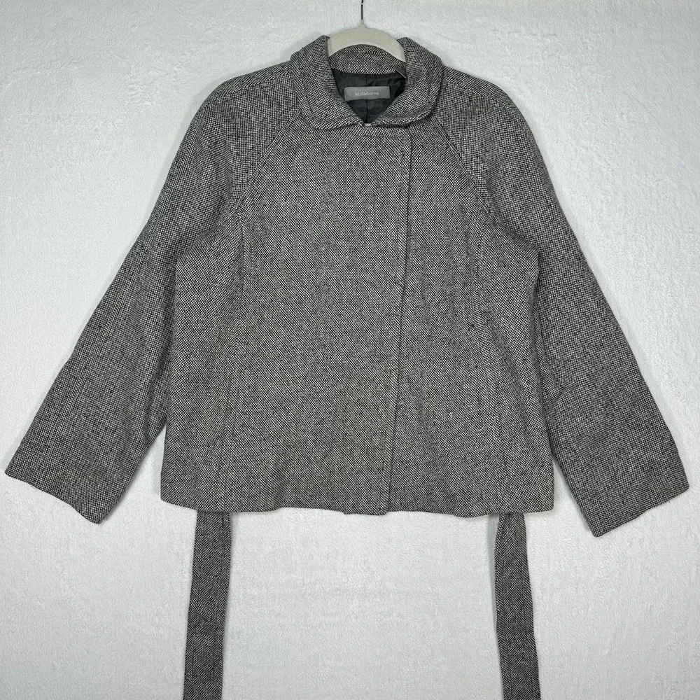 Liz Claiborne Tweed Jacket Wool Blend Belted Gray Large Heritage Academia‎